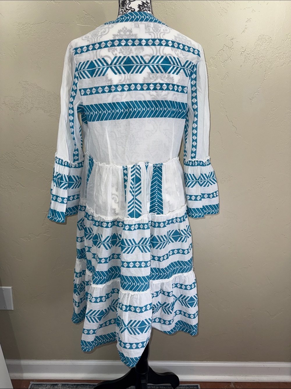 Attic Salt Blue & White Cotton Tiered V-Neck Boho Midi Dress Coastal Aztec XL - Picture 6 of 13